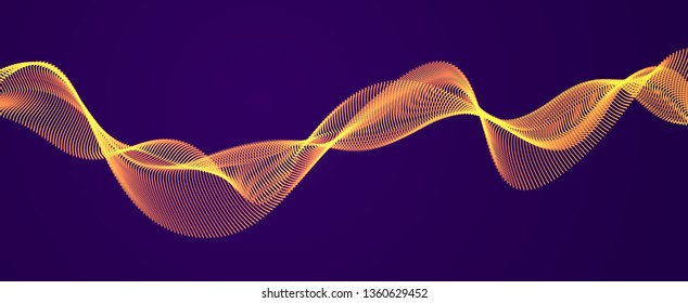 Vector abstract background with wave of flowing particles over dark, smooth curve shape lines, particle array flow. 3d shape glowing dots blended mesh, technology relaxing wallpaper.