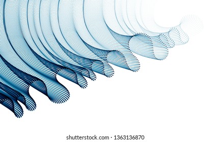 Vector abstract background with wave of flowing particles, smooth curve shape lines, transparent tulle textile on wind. 3d shape dots magic blended mesh.