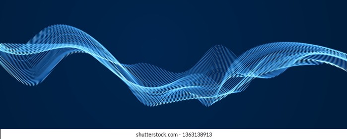 Vector abstract background with wave of flowing particles over dark, smooth curve shape lines, particle array flow. 3d shape glowing dots blended mesh, technology relaxing wallpaper.