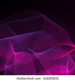 Vector abstract background, wave purple light design on black, mysterious and magic wallpaper, technical flow motion, hypnotizing movement of digital lines