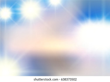 Vector abstract background of white light beaming flashes, light elements on a blue sky