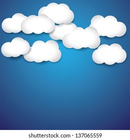 Vector abstract background- white paper clouds & blue sky. The graphic illustration consists of blue sky and white cottony clouds on a bright summer or spring late morning or noon