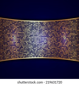 Vector abstract background with wide golden ribbon and circles on dark