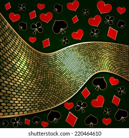 Vector abstract background with wide golden ribbon and playing cards suits