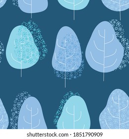 Vector abstract background with winter trees. Simple graphics. Trees in the snow. Hand drawn