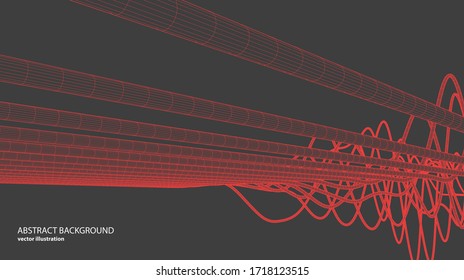 Vector abstract background with a wireframe dynamic waves, line and particles. 