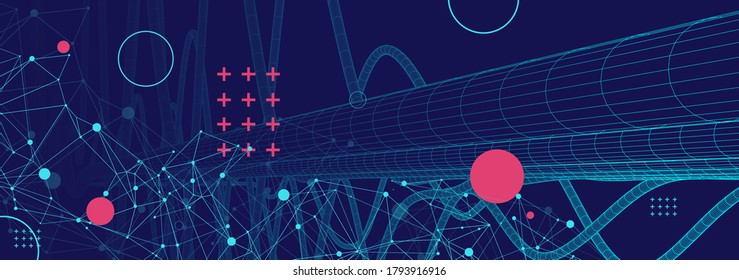 Vector abstract background with a wireframe dynamic pipes, line and particles. Plexus effect.