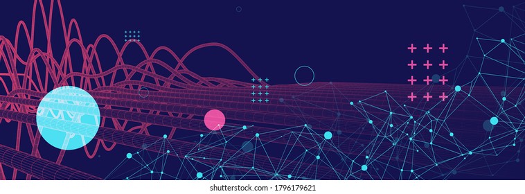 Vector abstract background with a wireframe dynamic pipes, line and particles. Plexus effect.
