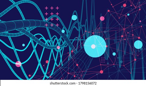 Vector abstract background with a wireframe dynamic pipes, line and particles. Plexus effect.