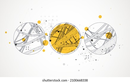 Vector abstract background with a wireframe dynamic pipes, line and particles inside circle.