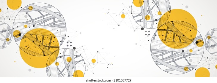 Vector abstract background with a wireframe dynamic pipes, line and particles inside circle.