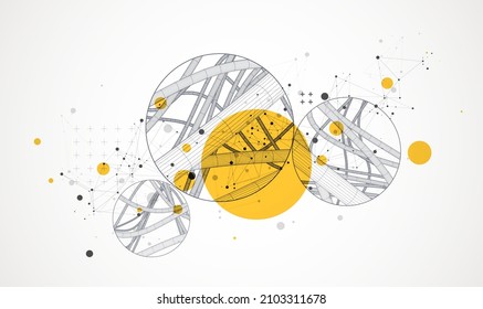 Vector abstract background with a wireframe dynamic pipes, line and particles inside circle.