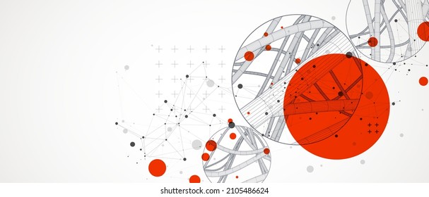 Vector abstract background with a wireframe dynamic pipes, line and particles inside circle.