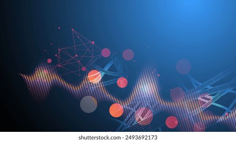 Fondo abstracto de Vector con una estructura de alambres de tuberías dinámicas, línea y partículas dentro del círculo. 