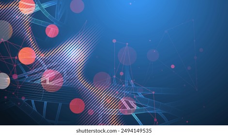 Vector abstract background with a wireframe dynamic pipes, line and particles inside circle. 