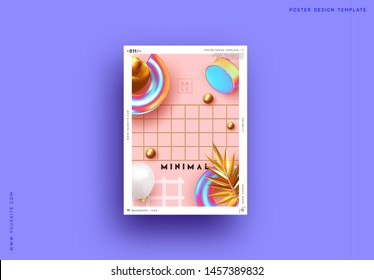 Vector abstract backgrounds with 3d realistic design objects, geometric metal elements, golden palm, round sphere and balloon. Banner, posters, cover design template. holographic color and gold