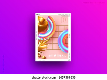 Vector abstract backgrounds with 3d realistic design objects, geometric metal elements, golden palm, round sphere and balloon. Banner, posters, cover design template. holographic color and gold