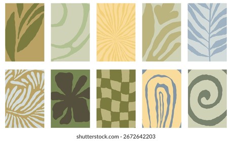 Vector abstract backgrounds and art prints with minimal hand drawn shapes  in simple floral wavy ink rough hand drawn naive style, cover, packaging, branding design templates