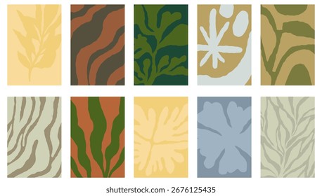 Vector abstract backgrounds and art prints with minimal hand drawn shapes  in simple floral wavy ink rough hand drawn naive style, cover, packaging, branding design templates