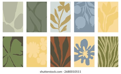 Vector abstract backgrounds and art prints with minimal hand drawn shapes  in simple floral wavy ink rough hand drawn naive style, cover, packaging, branding design templates, modern art prints 