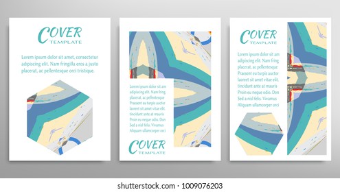 Vector abstract backgrounds set, geometric elements with grunge texture. Cover template a4 art design, front page, banner, flyer, card. Business presentation mockup for brochure or booklet