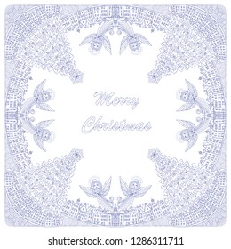 Vector abstract bandana Chrismas and New Year print on a white background. Border from hand drawn fairy tale houses, fantasy fir tree, ornate cute angels. Scarf, shawl, carpet, greeting, invitation.