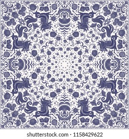 Vector abstract bandana dark blue unicorn print on a beige background. Floral pattern from hand drawn rose flowers, fantasy leaves and fairy tale animal, ornate cute horse. Scarf, shawl, carpet 