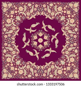 Vector abstract bandana peacock beige print on a dark purple background. Floral pattern from colorful hand drawn rose flowers, fantasy leaves and fairy tale ornate cute birds. Scarf, shawl, textile 