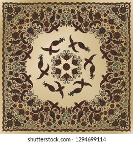 Vector abstract bandana peacock print on a golden background. Floral pattern from dark hand drawn rose flowers, fantasy leaves and fairy tale ornate cute birds. Scarf, shawl, textile patch, carpet