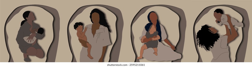 Vector abstract banner of an African-American mother holding child in flat, paper cut style in soft pastel colors. For the design of Mother's Day cards, kids, baby illustrations. Mom and daughter