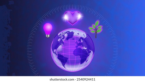 Vector abstract banner with blue and purple glow. Transparent planet earth, incandescent lamp, violet shiny heart and growing plant sprout. Energy, love and growth.