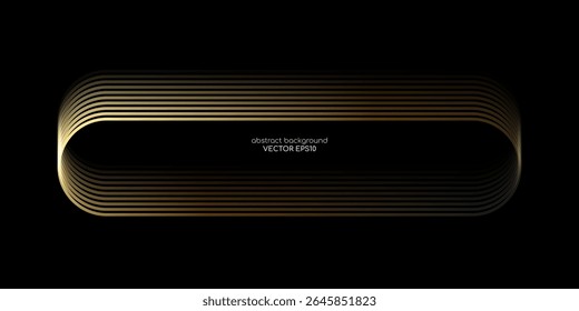 Design de banner abstrato vetorial com linhas de gradiente curvas brilhantes em tons de ouro amarelo sobre fundo preto, modelo de conceito de tecnologia moderna com layout de quadro retangular arredondado