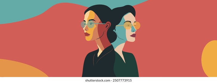 Vector abstract banner for Feminism Day, Women's Day, different women stand together. Concept of movement for gender equality and women's empowerment, for website, banner, poster, flyer