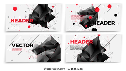 Vector abstract banner templates set, white background with dark geometric shapes and place for your text.