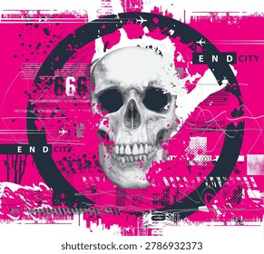 Vector abstract banner. Urbanism, graffiti, treet art, apocalypse. Circle and human skull, grunge-style cityscape on red background.  Anti-war poster. T-shirt design. 