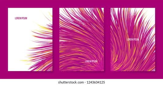 Vector abstract banners with colorful furry bunch, triptych with imitation synthetic vortex fur.