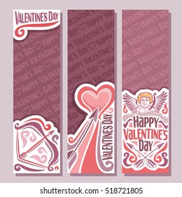 Vector abstract banners for Happy Valentine's Day, purple flyer: bow and arrow in heart, red greeting valentines card with cupid wings, vertical banner for romantic text holiday lovers st. valentine.