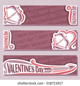 Vector abstract banners for Happy Valentine's Day, purple header: bow and flying arrow, greeting valentines card with contour heart, horizontal cover banner for text holiday lovers saint valentine.