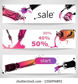 Vector abstract banners with lip gloss and nail polish. Fashion illustration.