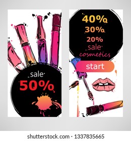 Vector abstract banners with lip gloss. Fashion illustration. Beauty saloon