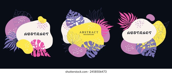 Vector abstract banners set with colorful hand drawn plants and shapes isolated on black background. Contemporary design illustration template for poster, advertising, invitation, card