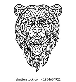 Vector abstract bear head in ethnic style with patterns, coloring page for kids and adults, zenart