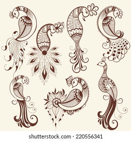 Vector abstract beards in indian mehndi style. Peacocks. Abstract henna floral vector illustration. Design element.