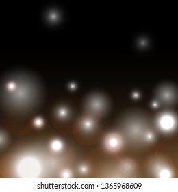 Vector Abstract beauty bright background. Template with bokeh and lens flare for Christmas and New Year greeting card. Black and gold card with copy space for your text.