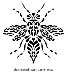 Vector abstract bee or wasp in tattoo style on white background. Isolated vector illustration. Bee black silhouette. Decoration tattoo of wasp. Insect illustration in abstract style