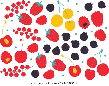 Vector abstract berries. Strawberry, raspberry, cherry flat illustration. Summer harvest. Isolated elements. Drawings for poster, card or background. Cartoon flat fruits illustration.Isolated. EPS 10.