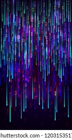 Vector abstract big data visualization. Blue flow of data as matrix code strings. Information code representation. Cryptographic analysis,  hacking. Bitcoin, blockchain transfer Stream of encoded data