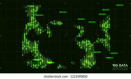 Vector abstract big data visualization. Blue flow of data as numbers strings. Information code representation. Cryptographic analysis. Bitcoin, blockchain transfer. Stream of encoded data