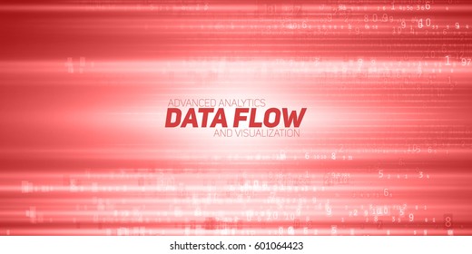 Vector abstract big data visualization. Red flow of data as numbers strings. Information code representation. Cryptographic analysis. Bitcoin, blockchain transfer. Stream of encoded data. 