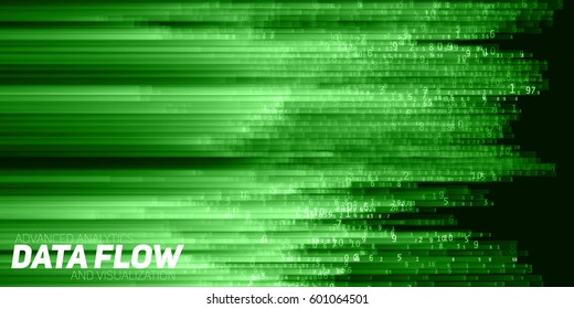 Vector abstract big data visualization. Green flow of data as numbers strings. Information code representation. Cryptographic analysis. Bitcoin, blockchain transfer. Stream of encoded data. 